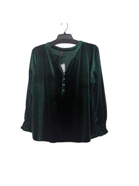 Intro Women Emerald Green Velvet Buttoned V-Neckline Smocked Cuffs Sz XL New